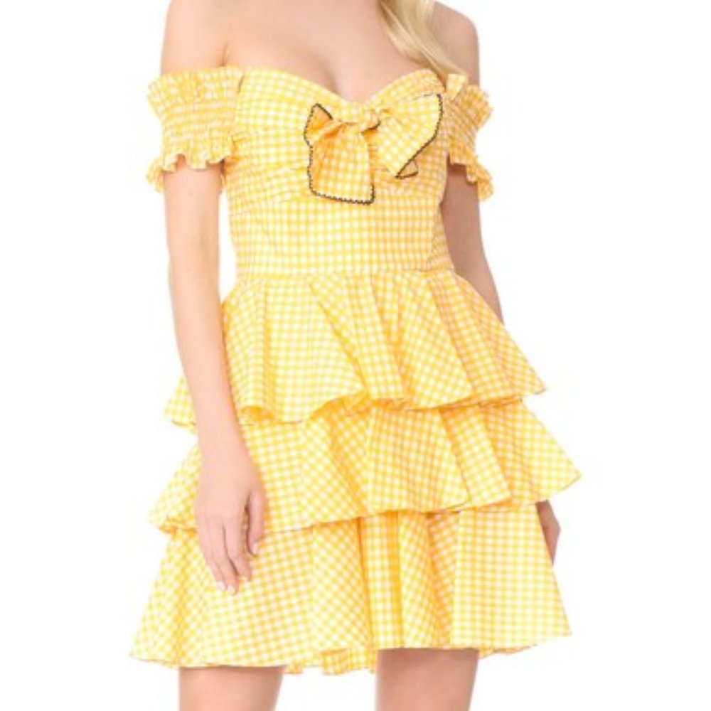 Caroline Constas Yellow Helena Gingham Plaid Tiered Ruffle Dress Small Bow